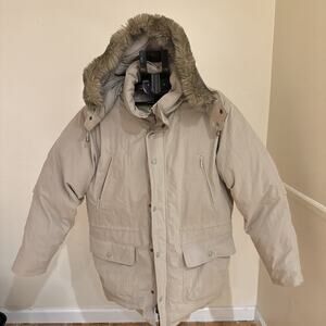 L.L. Bean Men's Vintage Goose Down Parka Jacket Medium Beige Fur Trim Hood